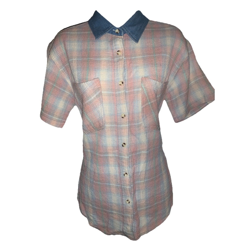 Vintage Pastel Plaid Short Sleeve Button Up With Denim Collar (unlabeled) - S